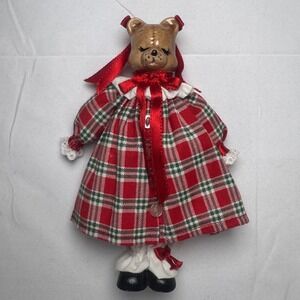 Vintage Ceramic Teddy Bear Figurine Red Plaid Dress Christmas Holiday Decor